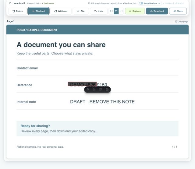 Real PDkef editor showing a solid blackout over a fictional document reference