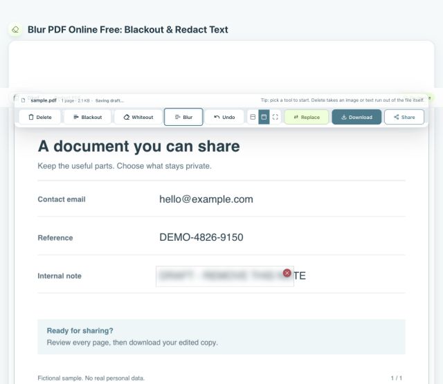 Real PDkef editor showing the Blur tool softening a fictional internal note