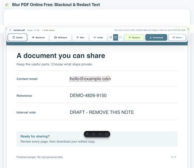 Real PDkef editor showing an existing email address selected with the Delete tool