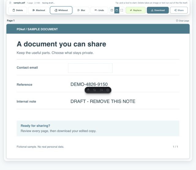 Real PDkef editor showing a whiteout box clearing a prefilled email field